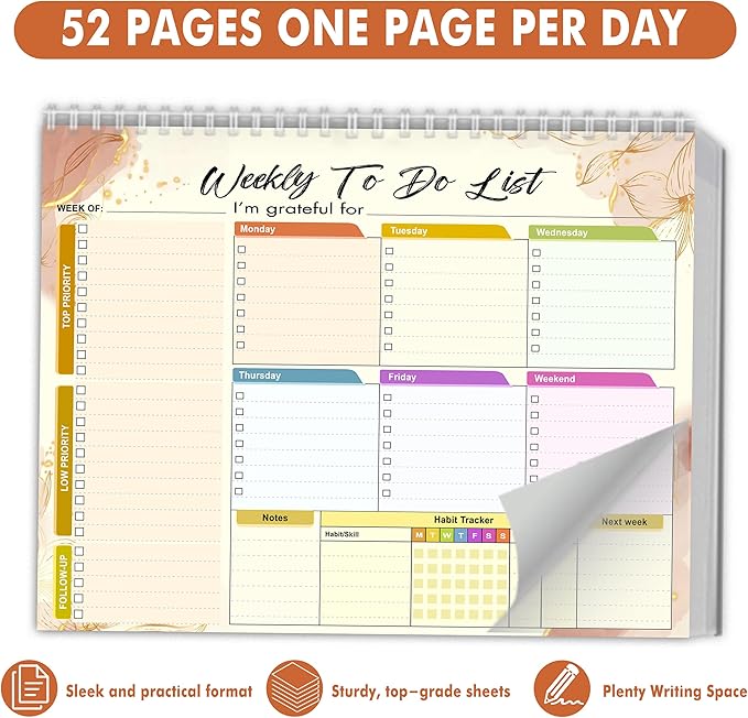 Weekly Planning To-Do-List Pad, 52 Undated Sheets for Daily To-Do Lists, Habit Tracking, Academic Scheduling, and Productivity Goals - Perfect for Work, Home, and Office Organization 8.5x11 inches
