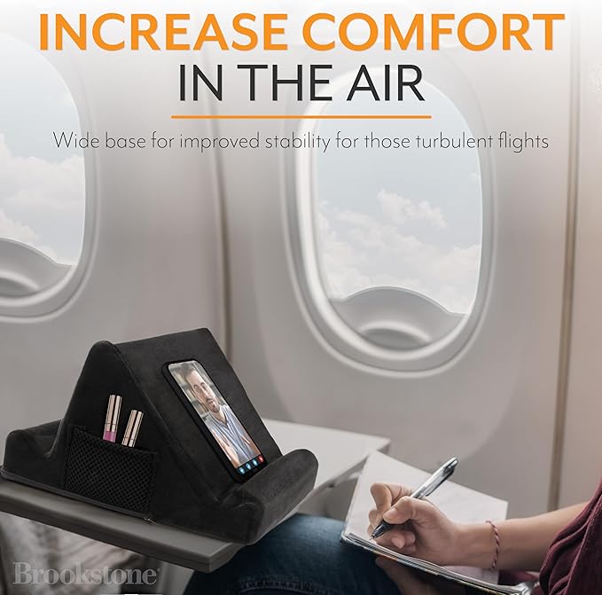 Brookstone Tablet Lap Cushion - Tablet and Phone Holder for Bed, Flights, and Travel, Two Angled Memory Foam Lap Desk for Reading and Hands Free Viewing, Compatible iPad and Kindle Accessories, Black