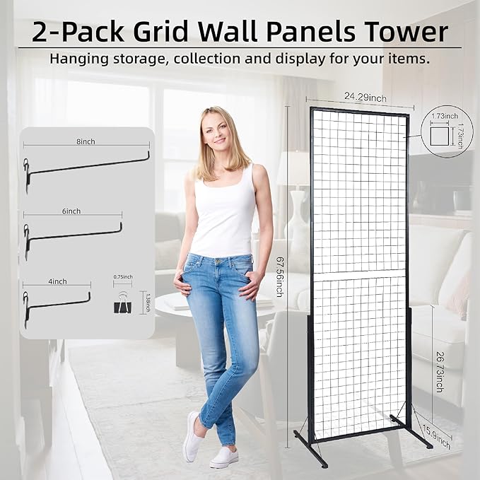 2 Packs Grid Wall Panels Tower 2' x 5.6' Double Side Wire Gridwall Display Racks with T-Base for Craft Shows Retail Home Decor - Portable Folding 60lbs Capacity Easy Setup Includes Extra Clips Hooks