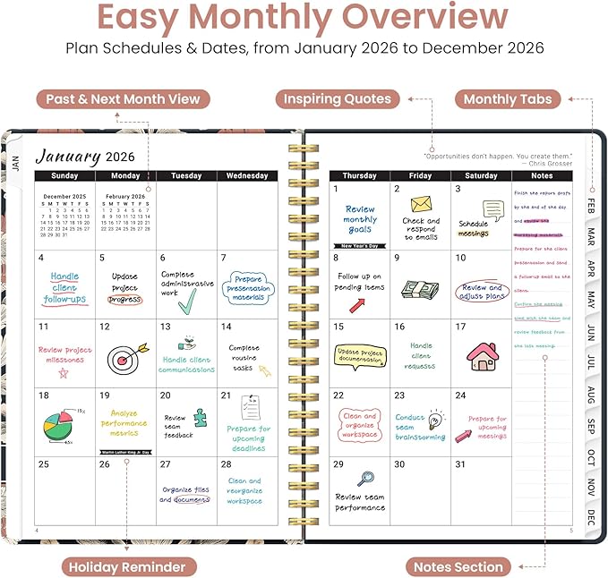 2026 Planner, Weekly and Monthly Planner for Women, January 2026 to December 2026, Pretty Hardcover 2026 Calendar Planner Book with Tabs, Inner Pocket, Spiral Bound, Perfect Office Home School Supplies - 6.3" x 8.5", Painted Poppies