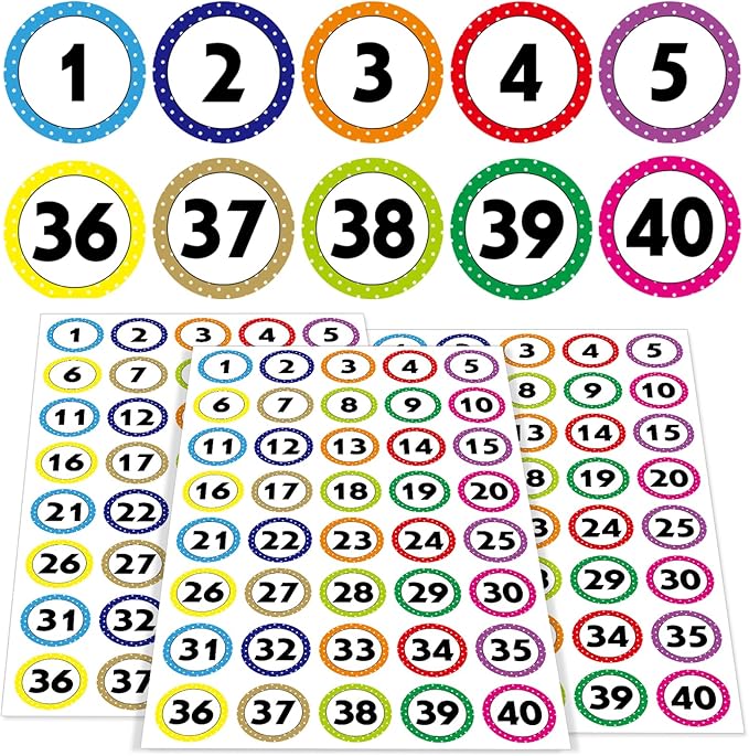400 Number Stickers 1-40, 10 Sheets of Polka Dot Waterproof/Oil-Resistant/Tear-Resistant Removable Numbered Labels, Suitable for Storage Boxes, Cabinets, Bookshelves, Desks, Chairs, etc. (1 Inch)