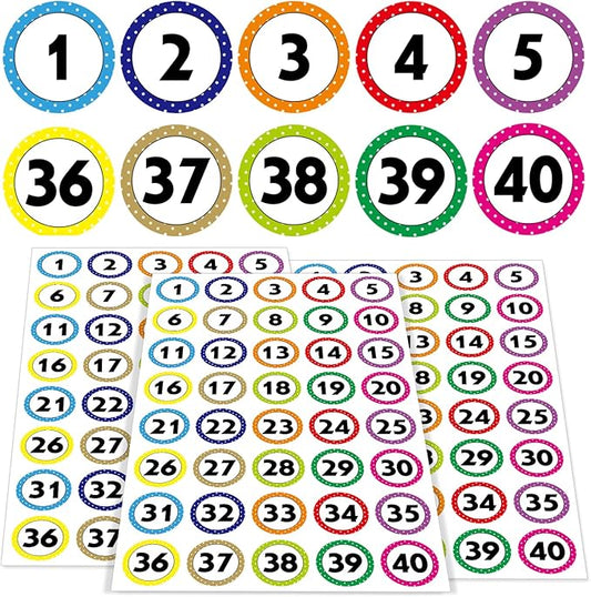 400 Number Stickers 1-40, 10 Sheets of Polka Dot Waterproof/Oil-Resistant/Tear-Resistant Removable Numbered Labels, Suitable for Storage Boxes, Cabinets, Bookshelves, Desks, Chairs, etc. (1 Inch)