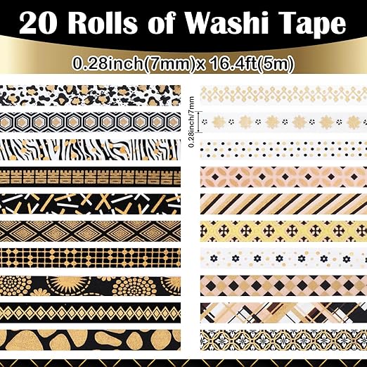 20 Rolls Skinny Washi Tape Set Black Gold Foil Print Decorative Tapes for DIY Art Craft Scrapbook Bullet Journals Planners Party Decor Gifts Wrapping, 7mm