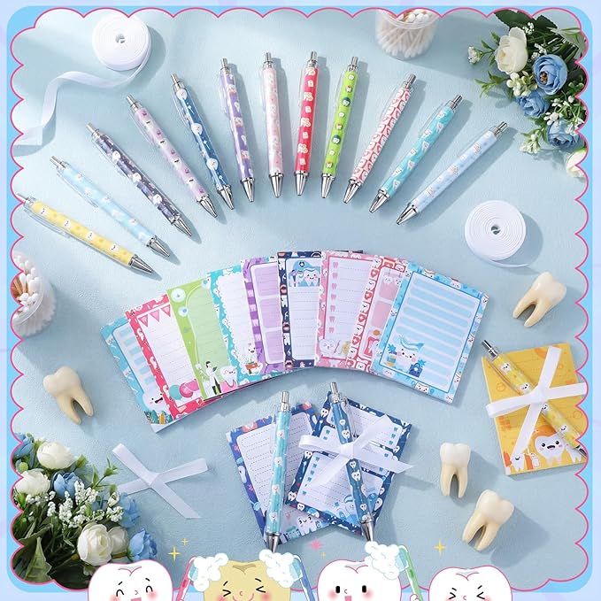Eaasty 48 Pcs Dental Notepads and Ballpoint Pens with Ribbon Bulk Dental Assistant Thank You Appreciation Gifts for Hygienist Coworkers Doctor Nurse Clinic School Office Party Favor