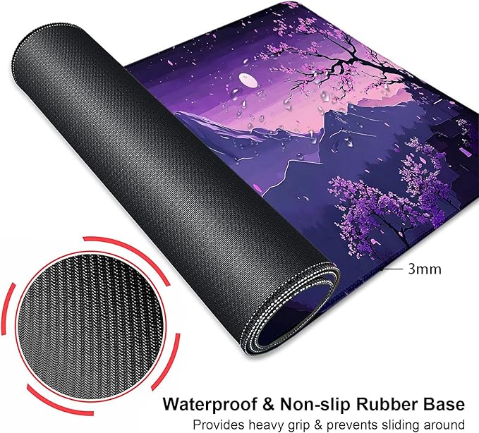 Purple Japanese Mountains Large Mouse Pad, Desk Mat Computer Keyboard Pad Non-Slip Rubber Base Waterproof with Stitched Edges for Laptop Gaming, Office & Home 31.5 x 11.8 Inch (XL-24)