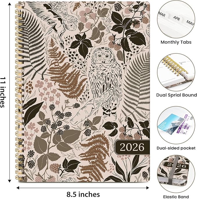 2026 Planner, Weekly and Monthly Calendar Planner Book, January 2026 - December 2026, Hardcover Spiral Planner with Monthly Tabs, Notes Pages, Perfect for Women & Men, A4 (8.5" x 11") - Owl