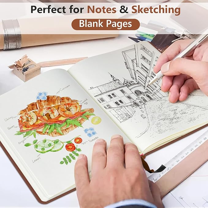 Blank Journal Ntebook for Men & Women, 160 Pages Blank Journals for Writing, Drawing,Sketch Book,5.9" x 8.5" Leather Sketchbook, Unlined Notebook for Work, School, Art (Brown)