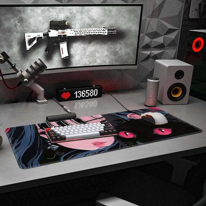 Cute Girl Cat Mouse Pad Anime Large Desk Mat Extended Keyboard Mouse Pad Kawaii Mousepad with Non-Slip Base and Stitched Edge Gaming Mouse Mat Desk Pad 31.5 X 11.8 in Mouse Pads for Desk Home Office