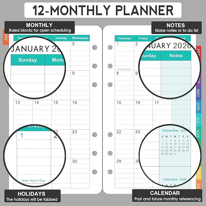 2026 Planner Refills - Planner Refills 2026 from JAN 2026 to DEC 2026, Weekly and Monthly Calendar, 3.75 x 6.75 inch, 6 Holes, A6 Size - Red