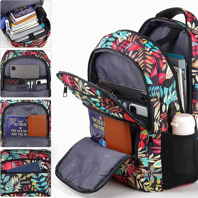 Paude Backpack Leaf Printing,Casual Backpack Bookbag Laptop Backpack with USB for College School Students Work Office Business
