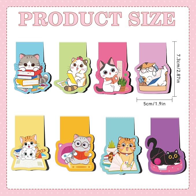 Cat Magnetic Bookmarks, 8 Pcs Cute Cartoon Cat Magnet Page Markers Animal Bookmark Clips for Reading, Magnetic Book Marks for Kids Students Teachers Book Lovers School Office Gifts