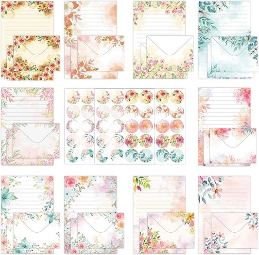 160 Packs Lined Stationery Paper Set (50 Single-Sided Stationery Writing Papers 50 Matching Envelopes) 60 Round Dot Sticker, 10 Designs Vintage Stationary Paper Kit,5.5 x 8.25 Inch. (Vintage Flower)
