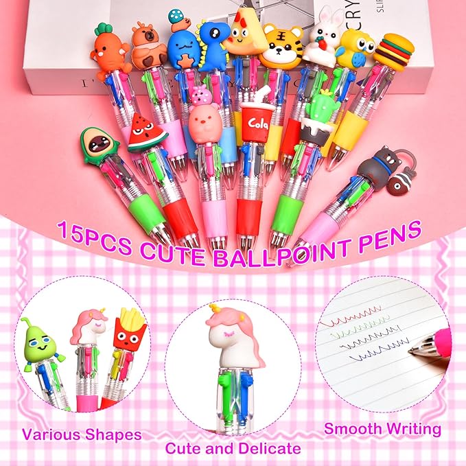 15Pcs Mini Multicolor Pens in One 4-in-1, Cute Pens Bulk for Party Favors and Birthdays, Delightful Ballpoint Pen Gifts Classroom Prizes (15pcs)
