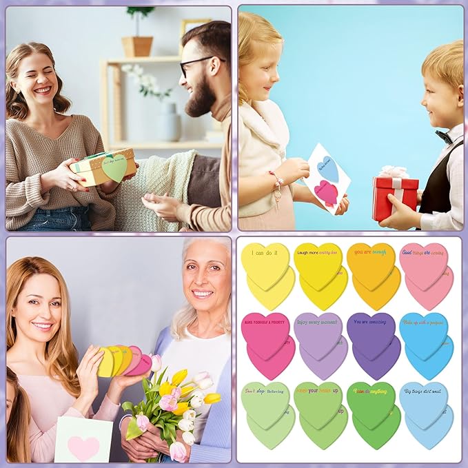 Teling 24 Pack Valentine's Day Sticky Notes Heart Shape Sticky Notes 3 x 3 Inch Motivational Notepads Bulk Cute Memo Pads for Galentines Party Gifts School Office Supplies (Bright)