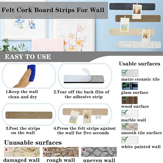8Pcs Bulletin Board Strips,Black Brown Gray Felt Pin Board Bar Strips with 50 Pushpins, Self-Adhesive Felt Cork Board Strips for Wall to Display Your Notes, Photos, Schedules, Announcements
