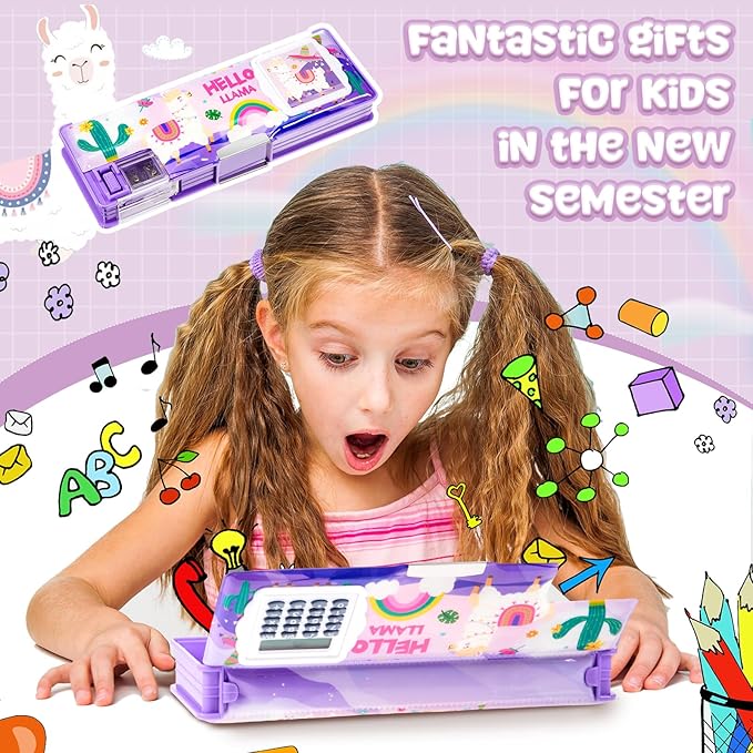 Henoyso Multifunctional Pencil Box for Girls Alpaca Pencil Case with Calculator and Sharpener Cool Cute Pencilcase School Supplies Essentials Christmas Birthday Gift Present for Kids Teens