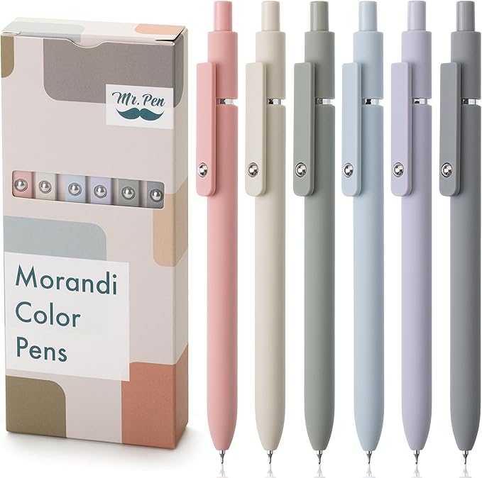 Mr. Pen - Retractable Fine Point Gel Pens, 12 Pack, Morandi Barrels, Fast Dry Black Ink, 0.5 mm Cute Aesthetic Pens for Journaling