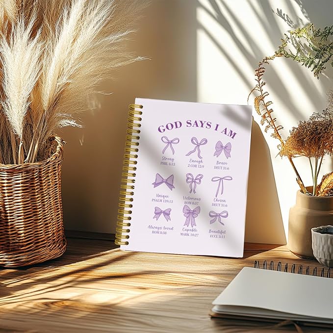 Bible Journal for Women, Christian Prayer Journal Pureple Notebook Gifts for Teen Girls Kids Women, Back To School Bible Study Supplies，Coquette Preppy Bows Cute Church Faith Journaling Hardcover Spiral Notebook 5.5 X 8.3