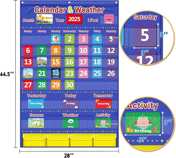 Blue Classroom Calendar Pocket Chart for Kids - Monthly Weather Seasons Learning Chart with 113 Cards | Teacher Must Haves for Kindergarten, Preschool, Homeschool | Interactive Educational Wall Chart