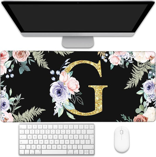 Desk Mat, Flower Golden Letters G Extended Gaming Mouse Pad Large, 35.4"x15.7" Big Mouse Pad with Non-Slip Base and Stitched Edge, Long Computer Keyboard Mouse Mat for Home Office Work