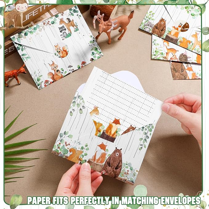 TaoBary 160Pcs Stationery Paper Set 50 Double Sided Stationery Papers with 50 Matching Envelopes and 60 Round Dot Sticker, 10Design (Woodland Animal,5.5 x 8.25 Inch)