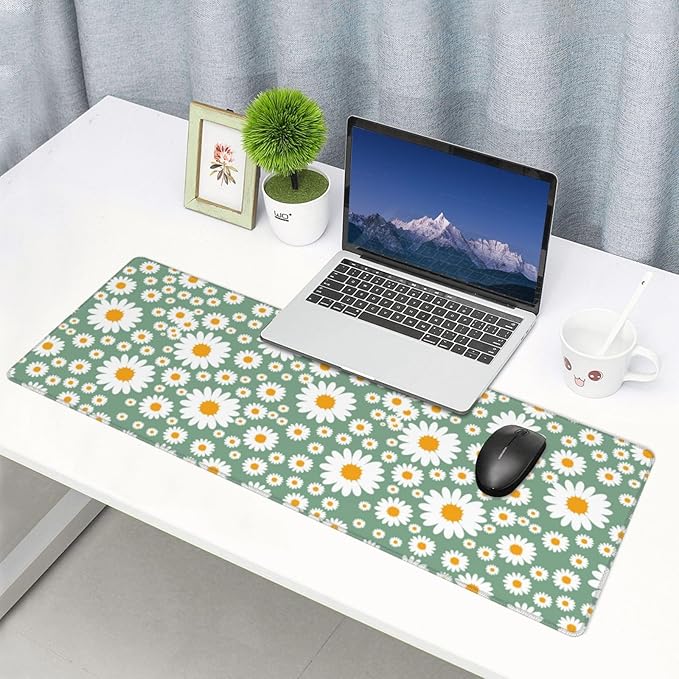 Daisy Flowers Large Mouse Pad with Stitched Edges Long Non-Slip Rubber Base Spring Floral Print Mousepad Laptop Keyboard Mat Desk Pad for Office Home Desk Decor, 31.5" X 11.8"