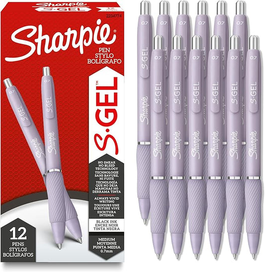 Sharpie S-Gel, Gel Pens, Medium Point (0.7mm), Icy Violet Barrel, Black Ink, 12 Count