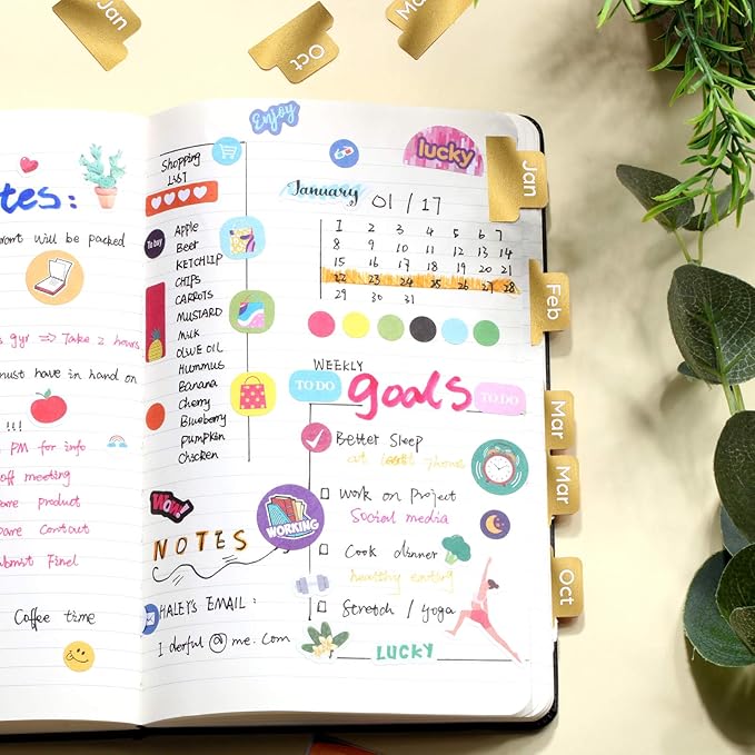 Outus 24 Pieces Monthly Adhesive Tabs for Planner - Designer Accessories Monthly Tabs Stickers Decorative for Office Planners Organizations Sturdy Notebook Planners Journal(Gold)
