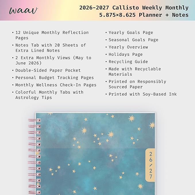 Blue Sky WAAV 2026-2027 Weekly and Monthly Academic Year Planner Calendar, July 2026 - June 2027, 7" x 9", Flexible Cover, Wirebound, Laminated Tabs, Storage Pocket, Includes 20 Extra Notes Pages, Callisto