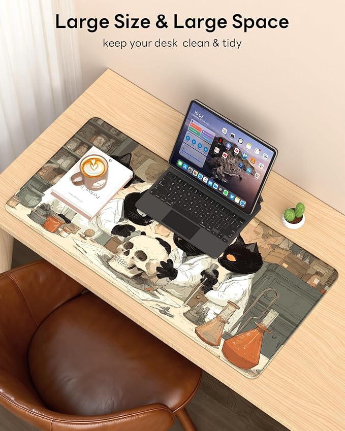 XL Gaming Mouse Pad, 31.5x17.5'' Large Desk Mat with Anti-Slip Rubber Base & Stitched Edges for Gaming, Office, Home - Professor Cat