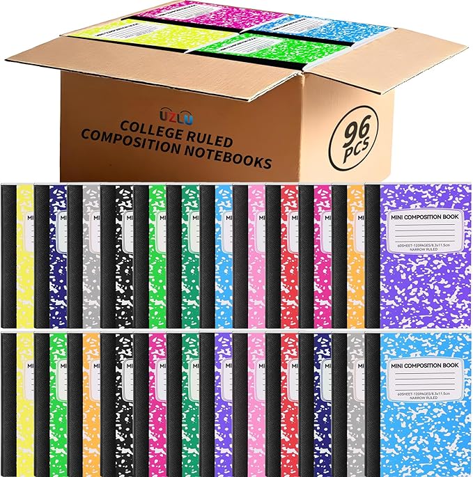 96 Pack Mini Composition Notebooks Bulk College Ruled Half Composition Notebook Narrow Ruled Small Pocket Marble Journal 12 Color-4.5" x 3.25"-60 Sheets for Students Office School Supplies