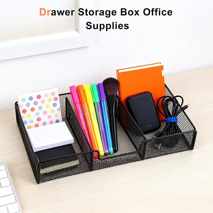 SANWICH Desk Drawer Organizer Tray with Compartments, 3 Grid Metal Mesh Drawer, Multi-use Desk Organizer Storage Box Set for Office,Home,School Supplies, 12.59X9.25X2.36 in (1pcs)
