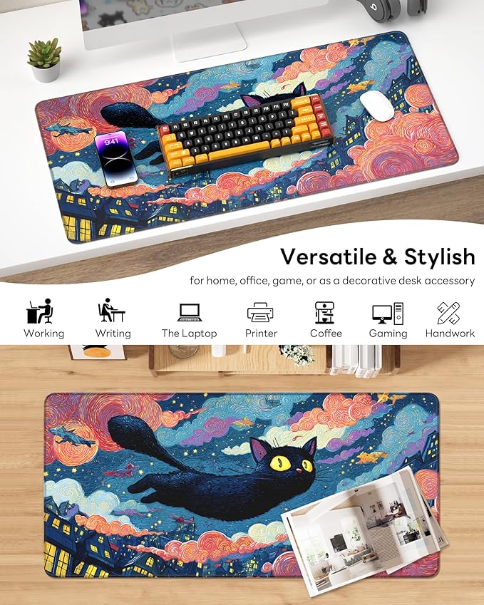 XL Gaming Mouse Pad, 31.5x17.5'' Large Desk Mat with Anti-Slip Rubber Base & Stitched Edges for Gaming, Office, Home - Flying Cat