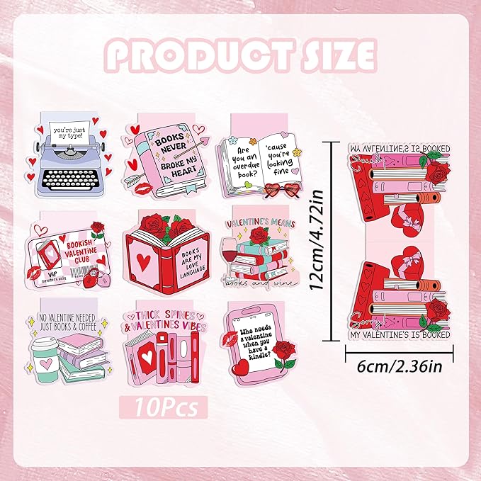 Valentines Day Magnetic Bookmarks, 10 Pcs Cute Pink Magnet Book Marks for Reading Women Book Lovers, Valentine Bookish Gifts for Her, Romantic Page Marker Clips for Journals Novels