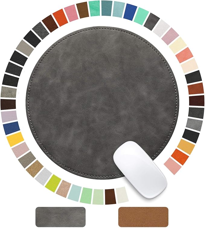 Mouse Pad，Round Mouse Pad，PU Mouse Pad，Leather Mouse Pad with Stitched Edge Micro-Fiber Base with Non-Slip Waterproof，Mouse Pad for Computers，Laptop，9 x 9 Inch (Gray)