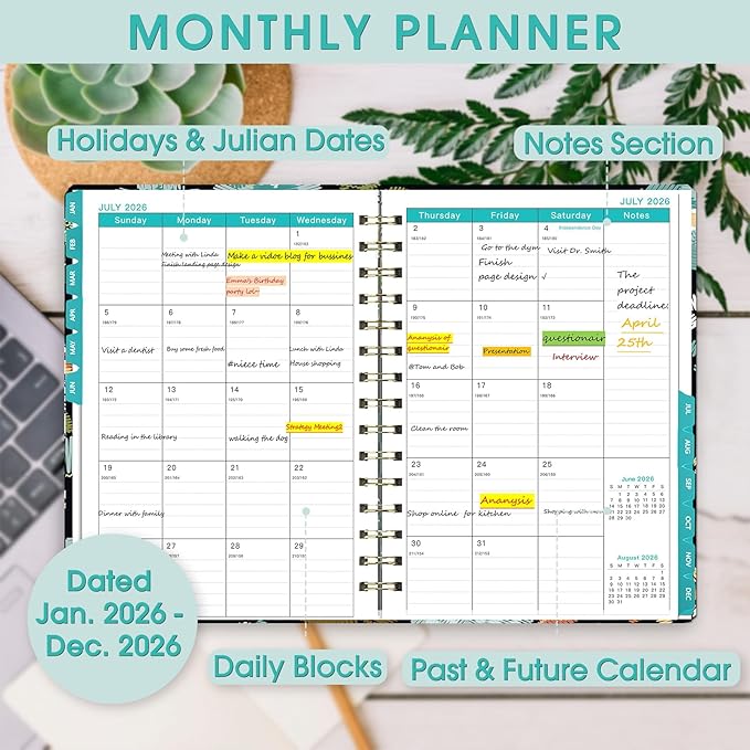 Ymumuda 2026 Planner, Daily Weekly and Monthly Planner，Jan 2026 - Dec 2026, 8.4" x 6.3", 2026 Calendar Planner Book with Tabs, Spiral Notebook with Inner Pocket for Office Home School Supplies