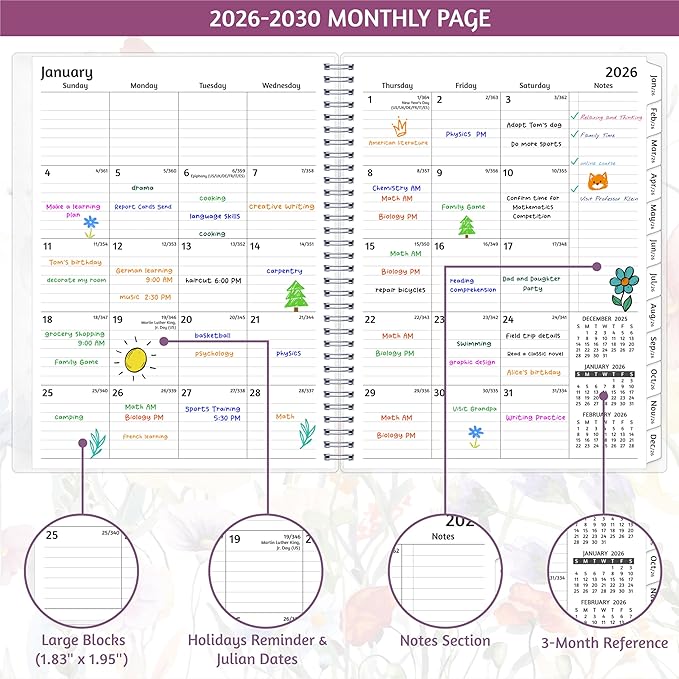 Monthly Planner 2026-2030, 5-Year Calendar Planner 2026-2030, Jan 2026 – Dec 2030, 8.5 x 11 In, Ruled Spread, Flexible Cover, Spiral Wirebound, Pocket, 60 Coated Monthly Tabs, Notes ＆ Habit Tracker, A4 Planner, Watercolor