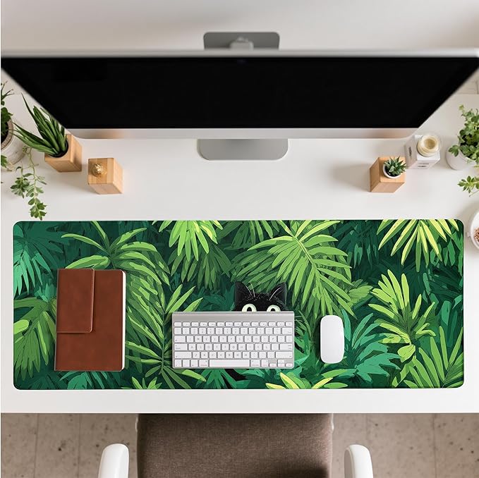 Cute Black Cat Mouse Pad Desk Mat XL Extended Large Gaming Desk Pad Mousepad, Oil Painting Art Floret Computer Laptop Keyboard and Mouse Mat, Desktop Protector Mat for Office and Home 31.5x11.8 in
