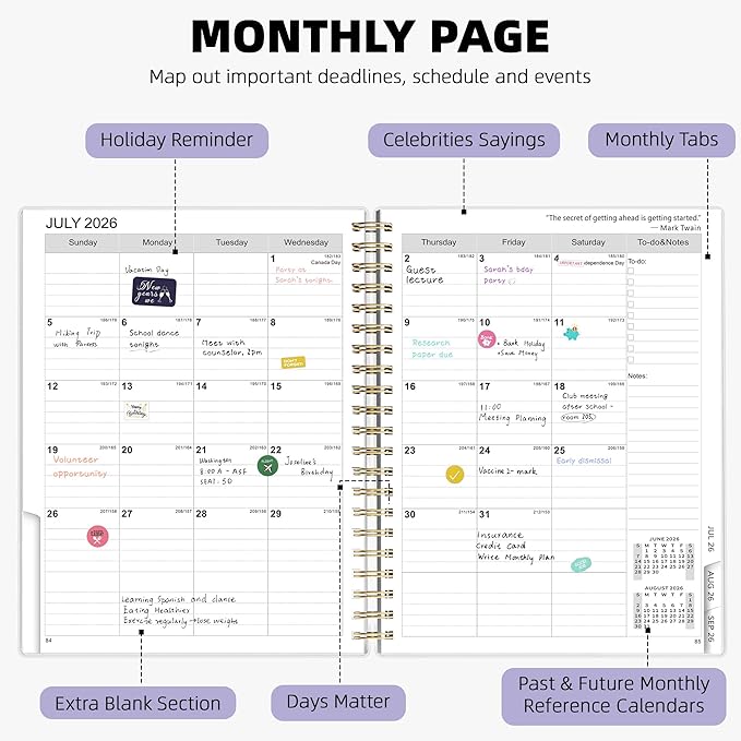 Ospelelf 2026 2027 Planner Weekly and Monthly Calendar Spiral Bound, A4 Office Supplies For Women & Men, 18 Months PVC Cover Life Planners with Stickers Lilac Daisy