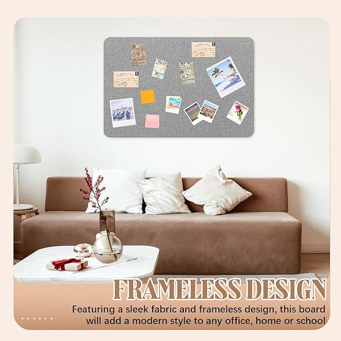 48'' x 36' Linen Fabric Bulletin Board Pinboard for Walls Display Frameless Pinboard Display Notice Memory Board for Office Walls Home Kitchen Easy to Install(Grey)