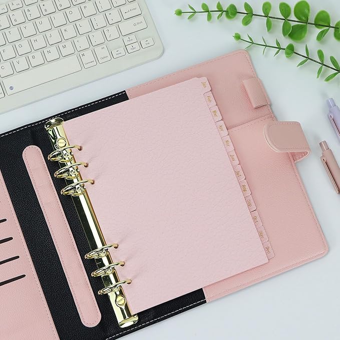 Koqye Leather Textured A5 6-Ring Binder Dividers with 12 Monthly Tabs, Pink Paper Index Page Separators for Planner/Organizer (2 Set - 12 Monthly Tabs)