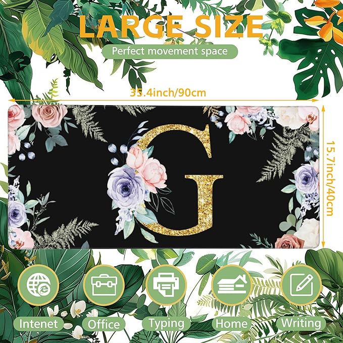 Desk Mat, Flower Golden Letters G Extended Gaming Mouse Pad Large, 35.4"x15.7" Big Mouse Pad with Non-Slip Base and Stitched Edge, Long Computer Keyboard Mouse Mat for Home Office Work