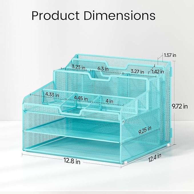 Lavatino Desk Paper File Organizer - Metal Mesh with 2 Letter Trays, 7 Flexible Dividers, 2 Vertical File Folder Holders for Office/Home/Classroom Supplies, Desk Organizers and Accessories, Blue
