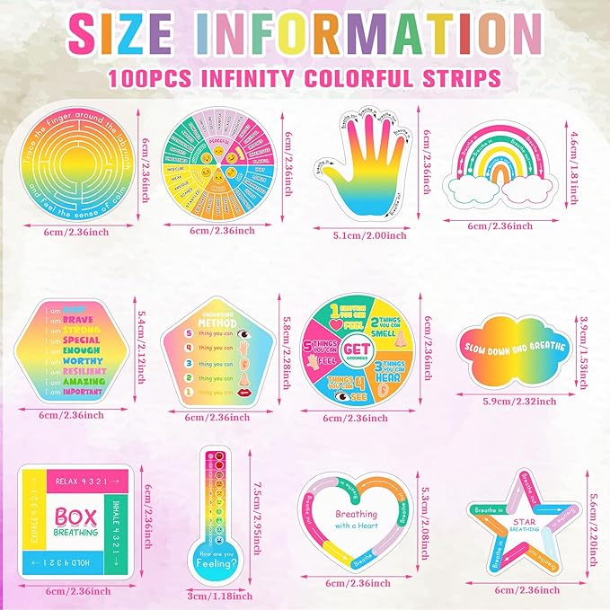 Crtiin 100 Pcs Sensory Strips Anxiety Calm Mindfulness Stickers Fidget Stress Breathing Sensory Sticker Different Textures Rough Tactile Tape for Mental Health Adults Desk Anxiety Relief(Stylish)