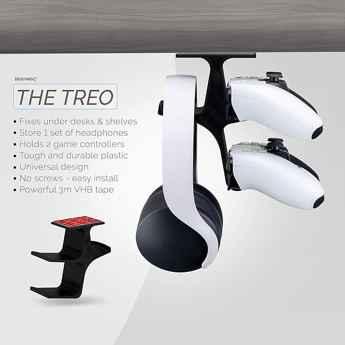 The Treo - Under Desk / Shelf Dual Gamepad Controller & Headphone Hanger Holder Stand - Designed for Xbox ONE, PS4, PS3, PS5, Dualshock, DualSense, Switch, PC, Steelseries, Steam & More, by Brainwavz