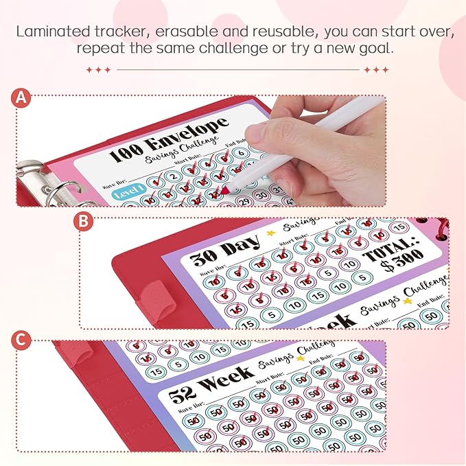 Sooez 100 Envelope Savings Challenge Book with 100 Pocket Pre-Numbered & Reusable Laminated Tracker