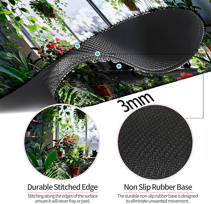 Japanese Anime Cute Cat XL Large Desk Mat, Extended Long Green Plant Desk Pad for Gaming and Office, Non-Slip Rubber Base, Comfortable Surface Kawaii Mouse Pad, 31.5x11.8 in (H13)