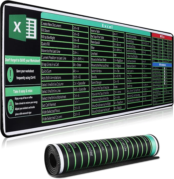 Large Gaming Mouse Pad Extended XXL Mouse Mat Long Desk Pad with Stitched Edges for Keyboard Home Office Gaming Work Big Desk Pad (35.4x15.7IN,90x40) (Excel Shortcuts)