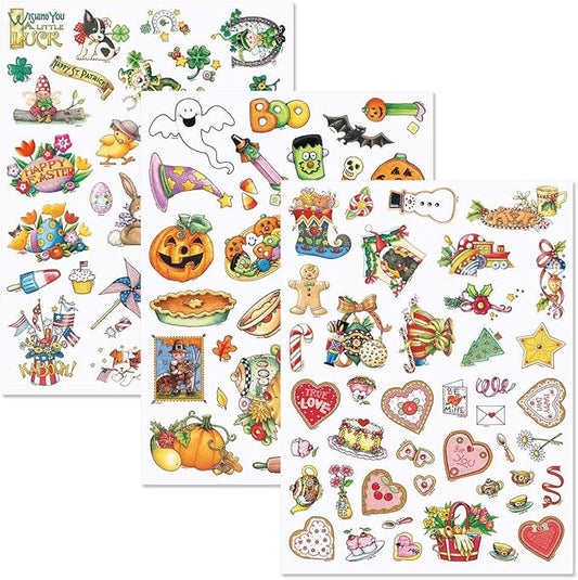 Current Mary Engelbreit Year-Round Holidays Sticker Variety Pack - 6 Sheets, 202 Assorted Stickers for Kids, Teachers, School, Scrapbooking, Journals, Planners, Calendars, Crafts & Greeting Cards