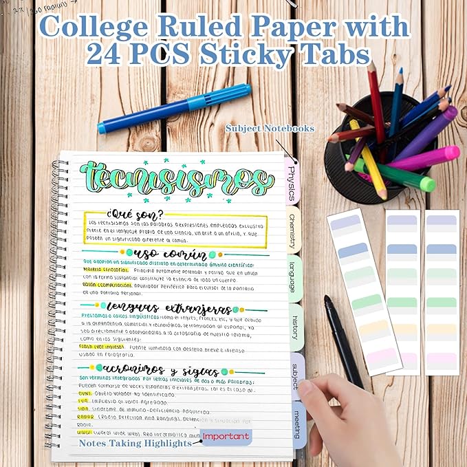 Spiral Notebook, College Ruled Notebook Journal, 4 Pack Large B5 Lined Notebooks for Work, School, Notes Taking, 8" x 10" Subject Notebook, 560 Thick Paper, 24pcs Index Tabs, Assorted Pastel Notebook